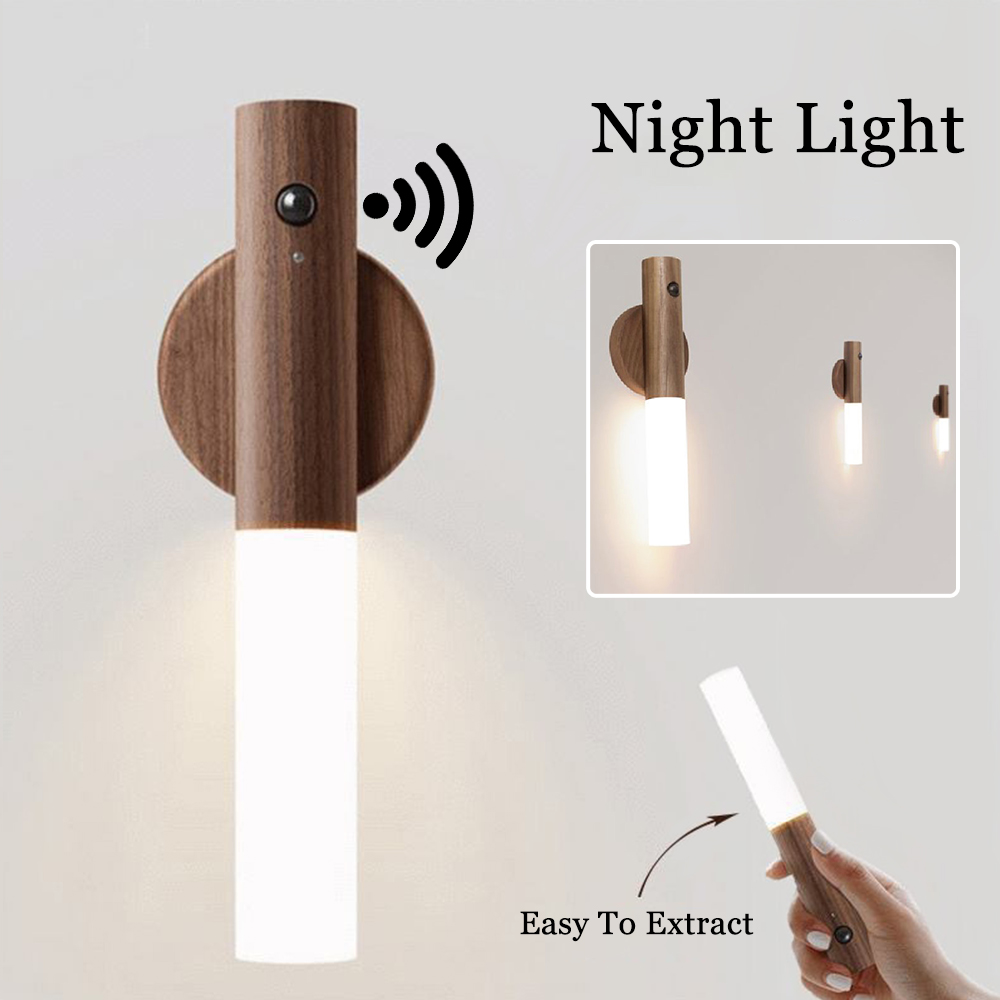 Magnetic Wood PIR Motion Sensor LED Night Light – USB Rechargeable Wireless Cabinet & Corridor Lamp